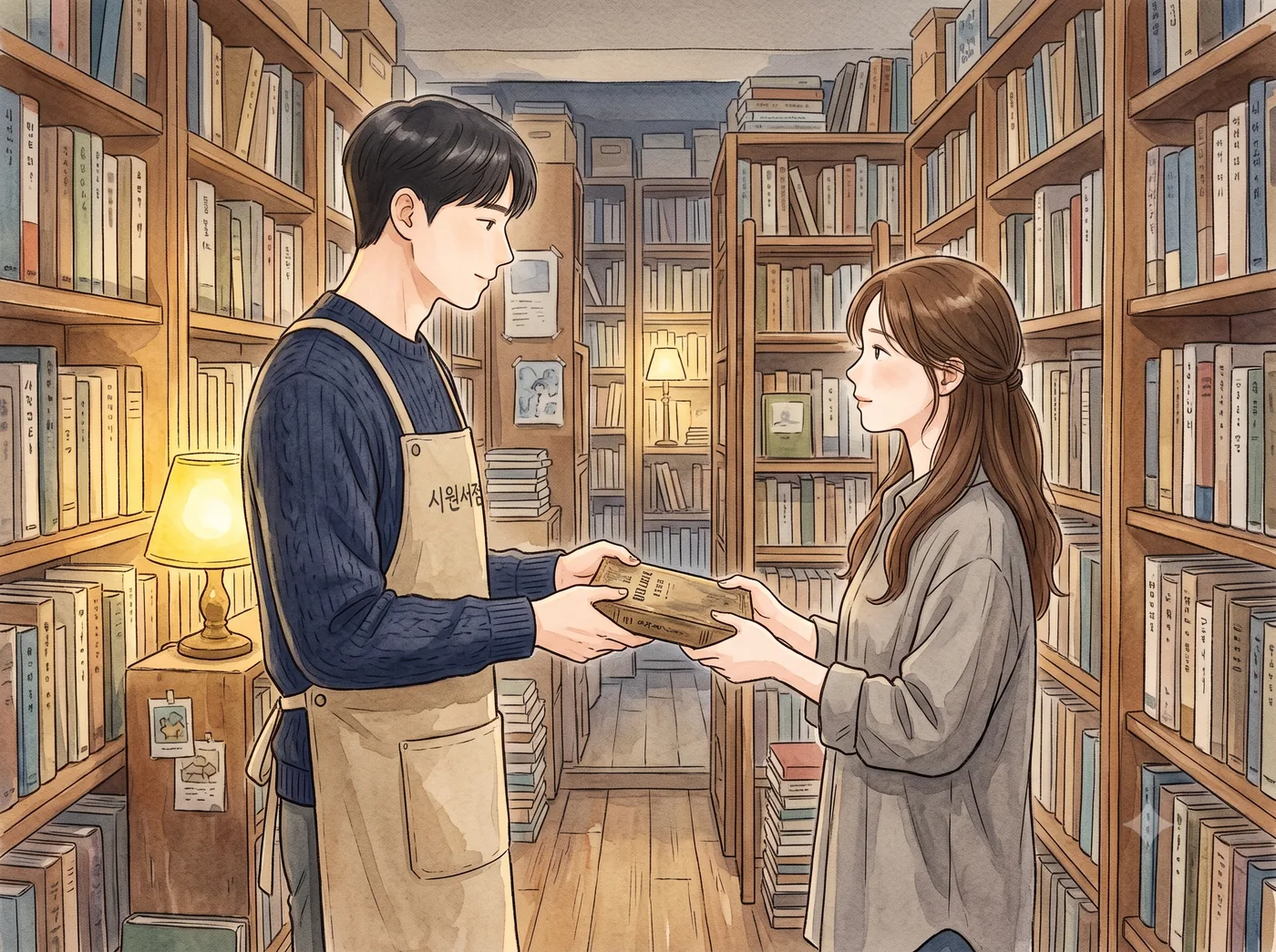 서가에서 책 한 권을 건네는 손과 받는 손, 스탠드 불빛