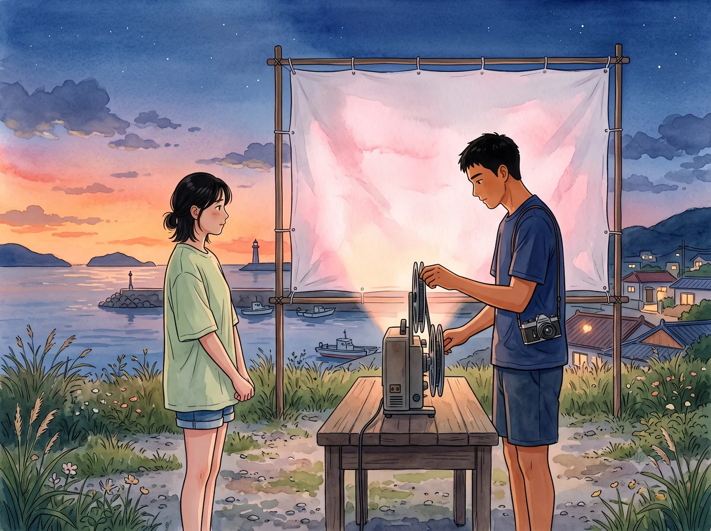 스크린 뒤 두 사람의 뒷모습과 영사기 불빛
