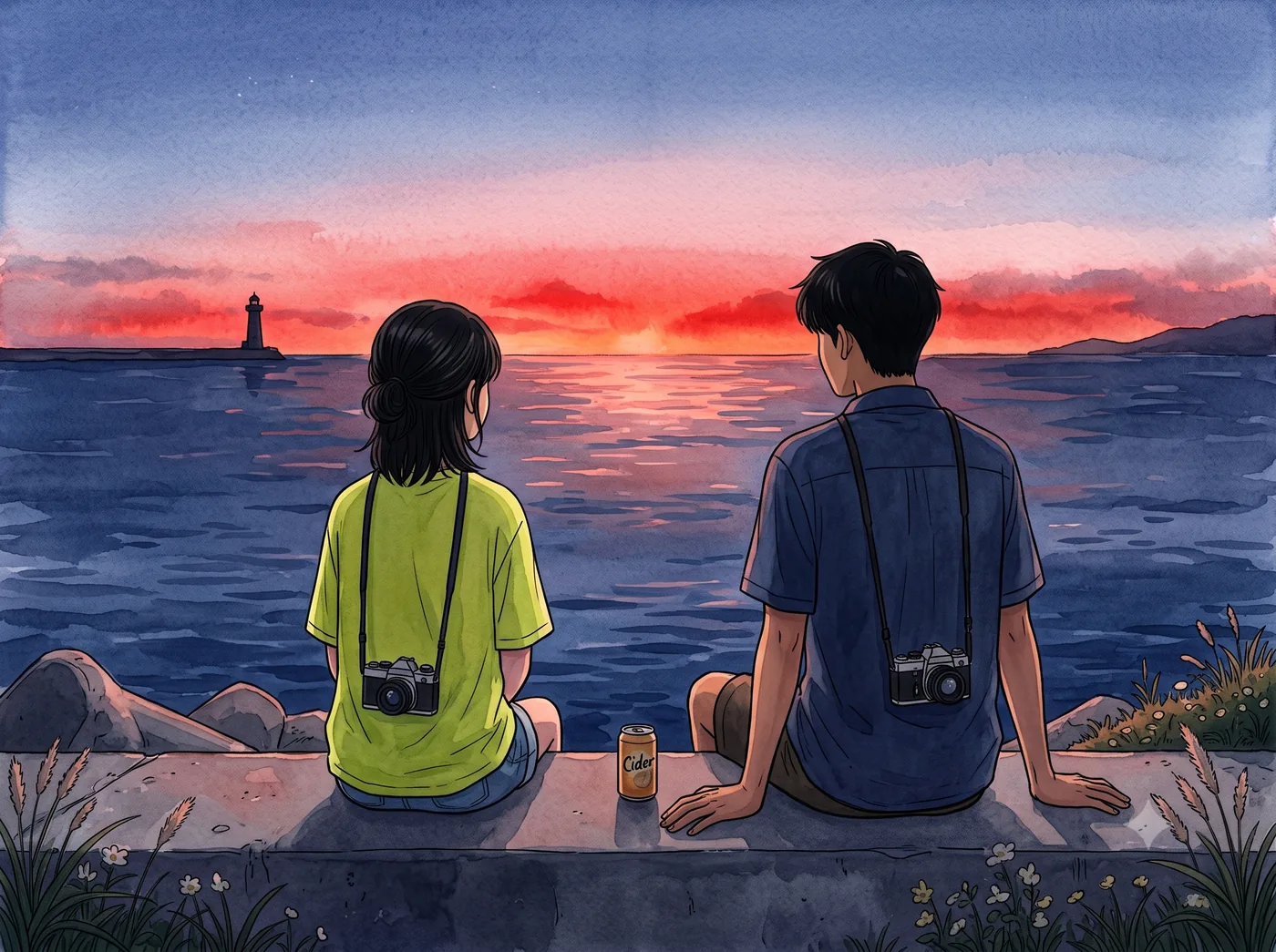 붉은 새벽빛, 방파제에 나란히 앉은 두 사람의 뒷모습